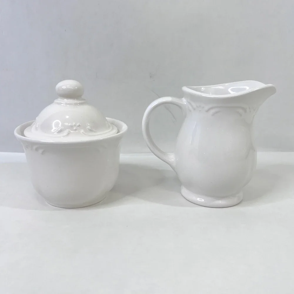 Pfaltzgraff Filigree White Stoneware Sugar Bowl with Lid and Creamer Pitcher Set